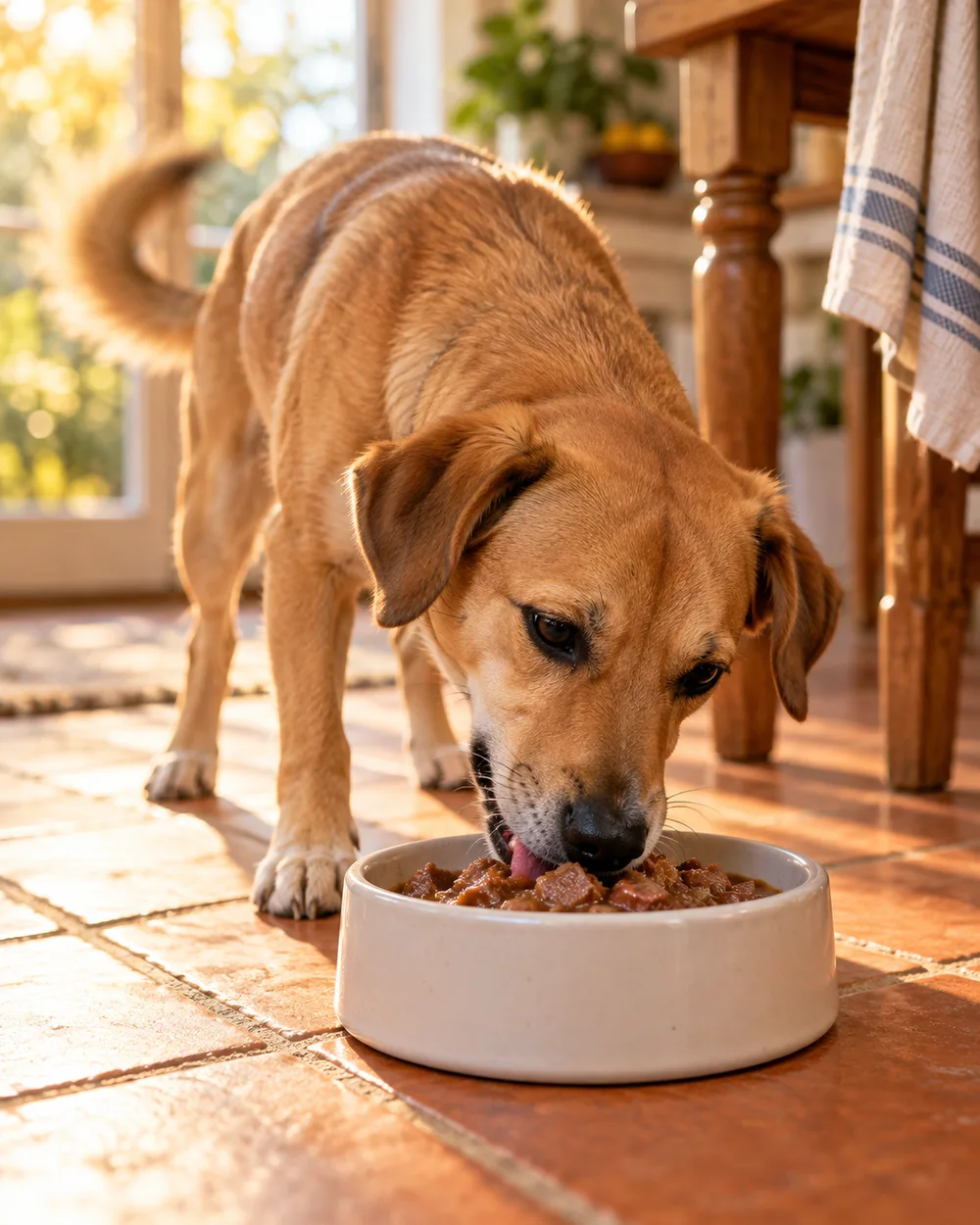 A dog eating a bowl of real food