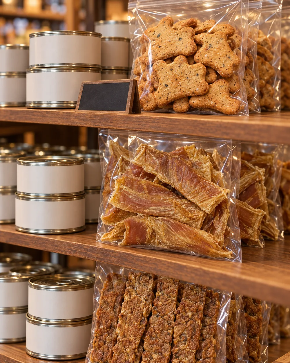 Tins and bags of treats on a pet-shop shelf
