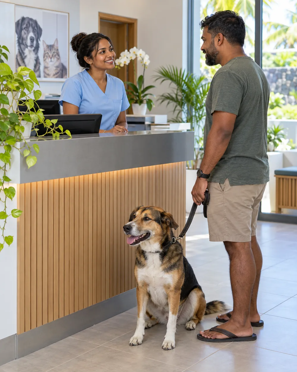 A vet clinic reception with a customer and his dog